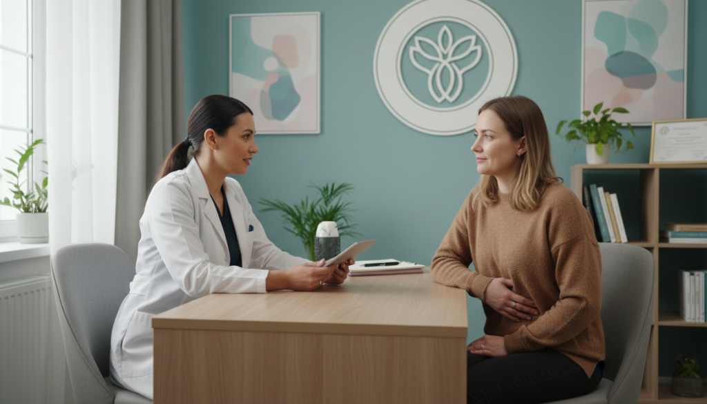 Female physician consulting with an adult patient about chronic pelvic pain in a modern gynecology office