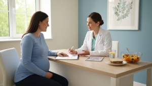 Pregnant patient speaking with a prenatal clinician about food choices during pregnancy