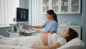 Pregnant patient receiving an ultrasound with a female clinician in a modern exam room