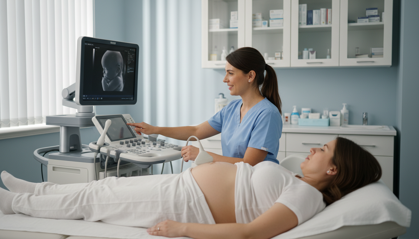 Pregnant patient receiving an ultrasound with a female clinician in a modern exam room