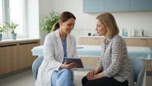 Female OB-GYN consulting with an adult patient in a bright clinic exam room in Northern Virginia