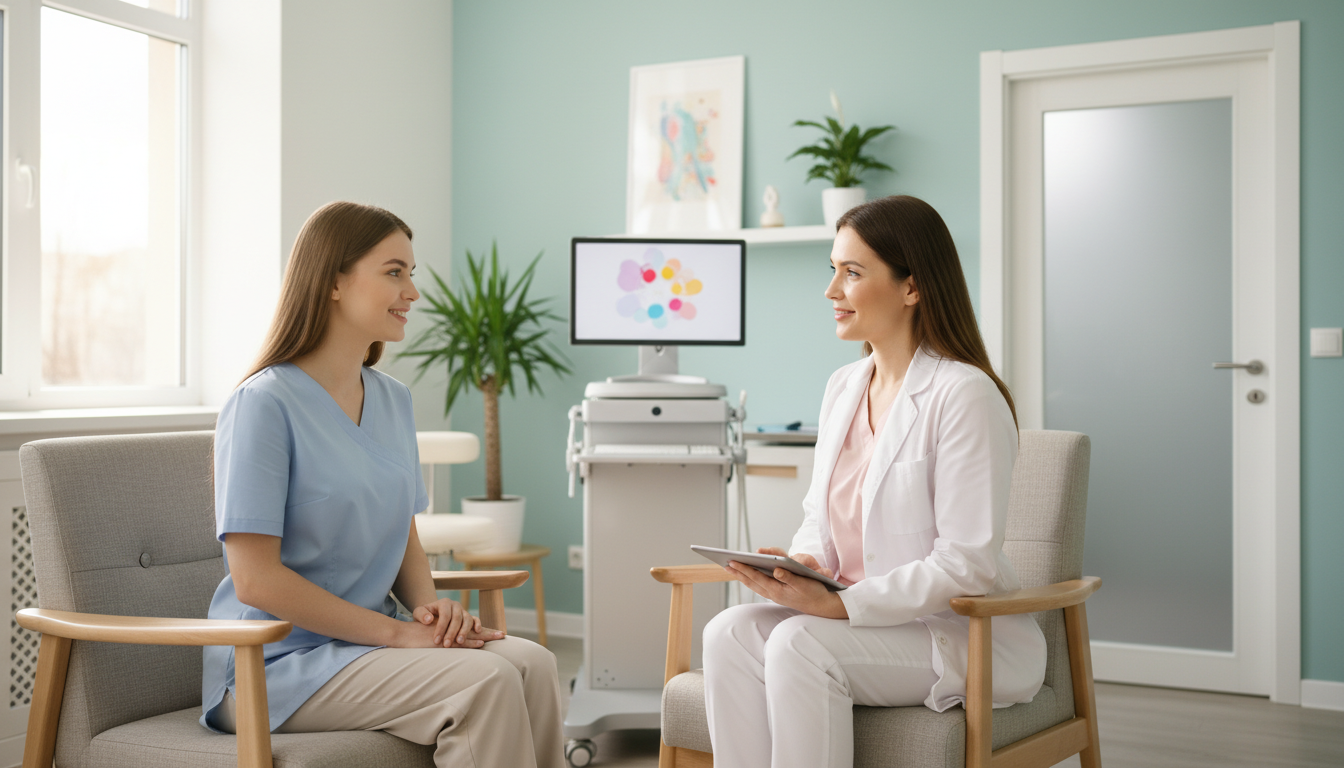 Young adult patient meeting with a female gynecologist for a first visit consultation